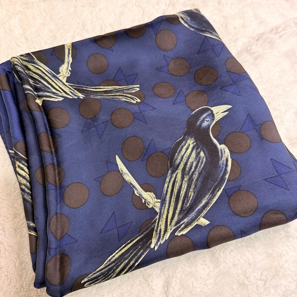 Elegant Blue and Gold Polka Dot Scarf Bird Print - Picture 4 of 4